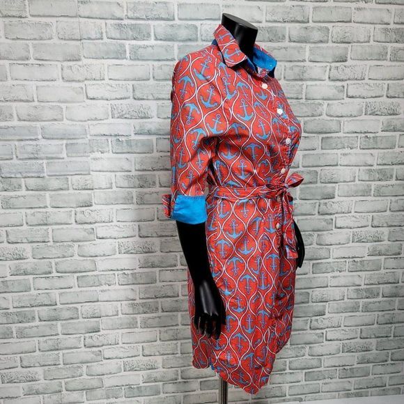 Haley and the Hound Womens 8 Coral Anchor Madeline Button Front Shirt Dress Belt - Picture 3 of 7